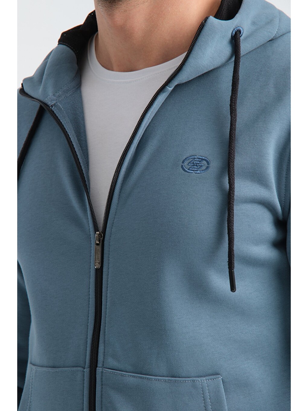 Orman Yeşili Erkek Üç İplik Şardonsuz Fermuarlı Kapüşonlu Sweatshirt-2