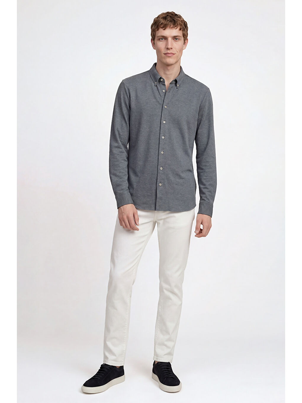 Erkek İndigo Pamuklu Tailored Slim Fit Dar Kesim Düğmeli Yaka Örme Gömlek-2