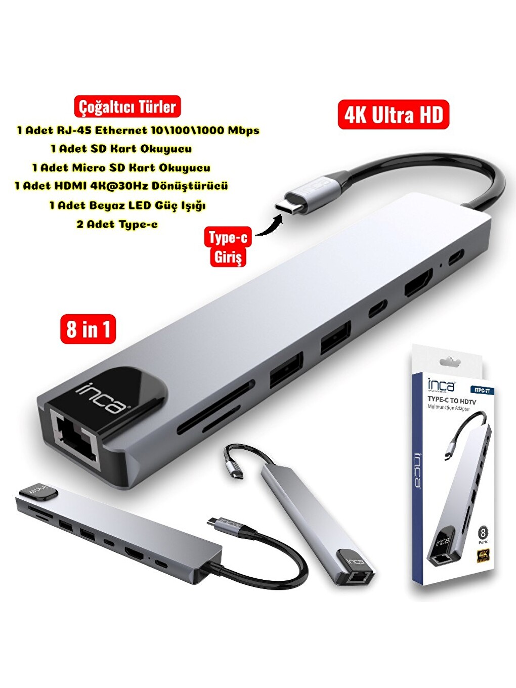 8 İn1 4k Ultra Hd Type C Usb 3.0 Hub Hdmı Rj45 Sdtf Adaptör Çoklayıcı-1