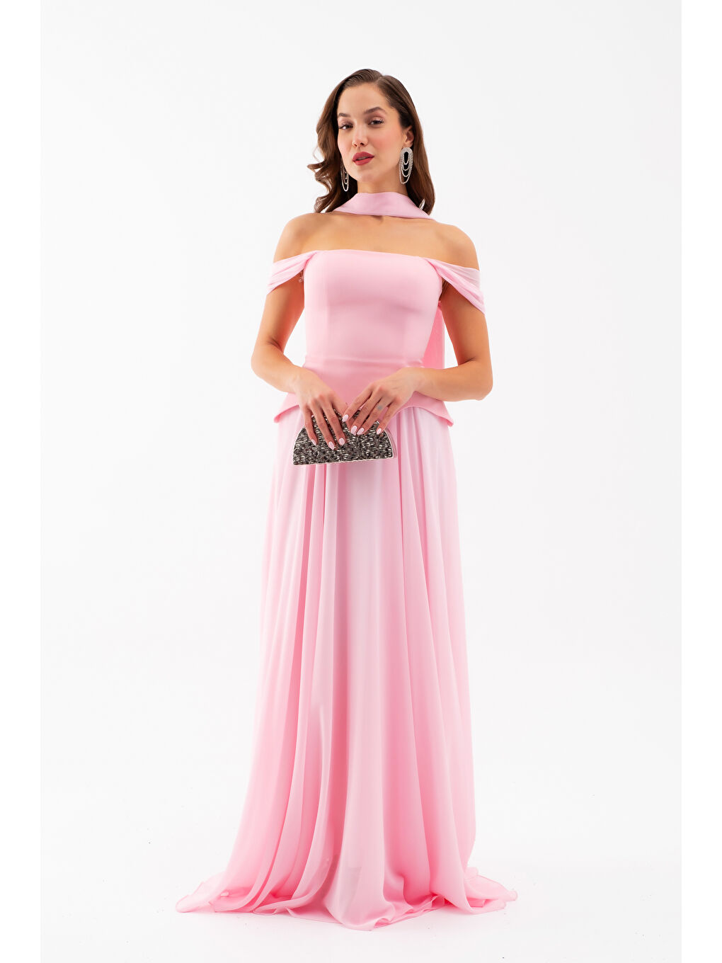 Pembe Kadın Pudra Şal Yaka Straplez Söz Nişan Abiye Elbise-1