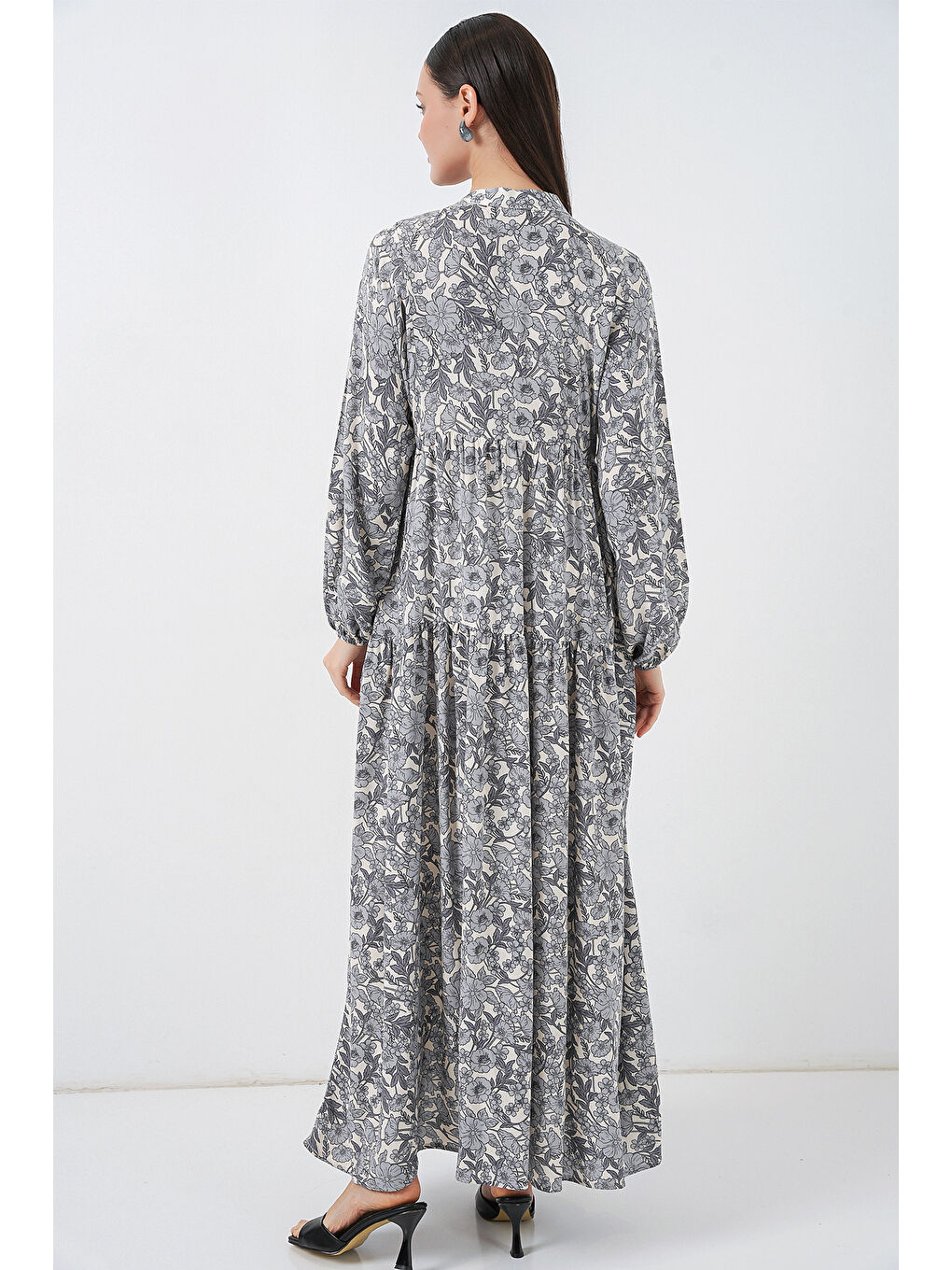 Kadın Desenli Uzun Tesettür Elbise 2585 - Gri-6