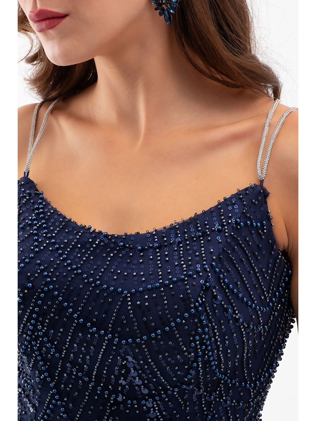 Kadın Lacivert Askılı Boncuklu Uzun Balık Abiye Elbise-3