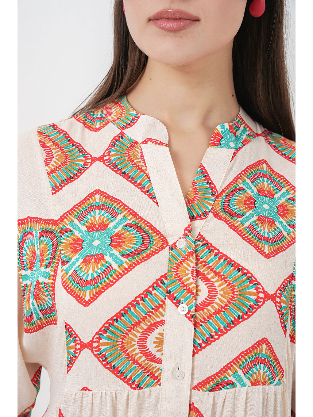 Kadın Desenli Uzun Tesettür Elbise 2585 - Bej-4