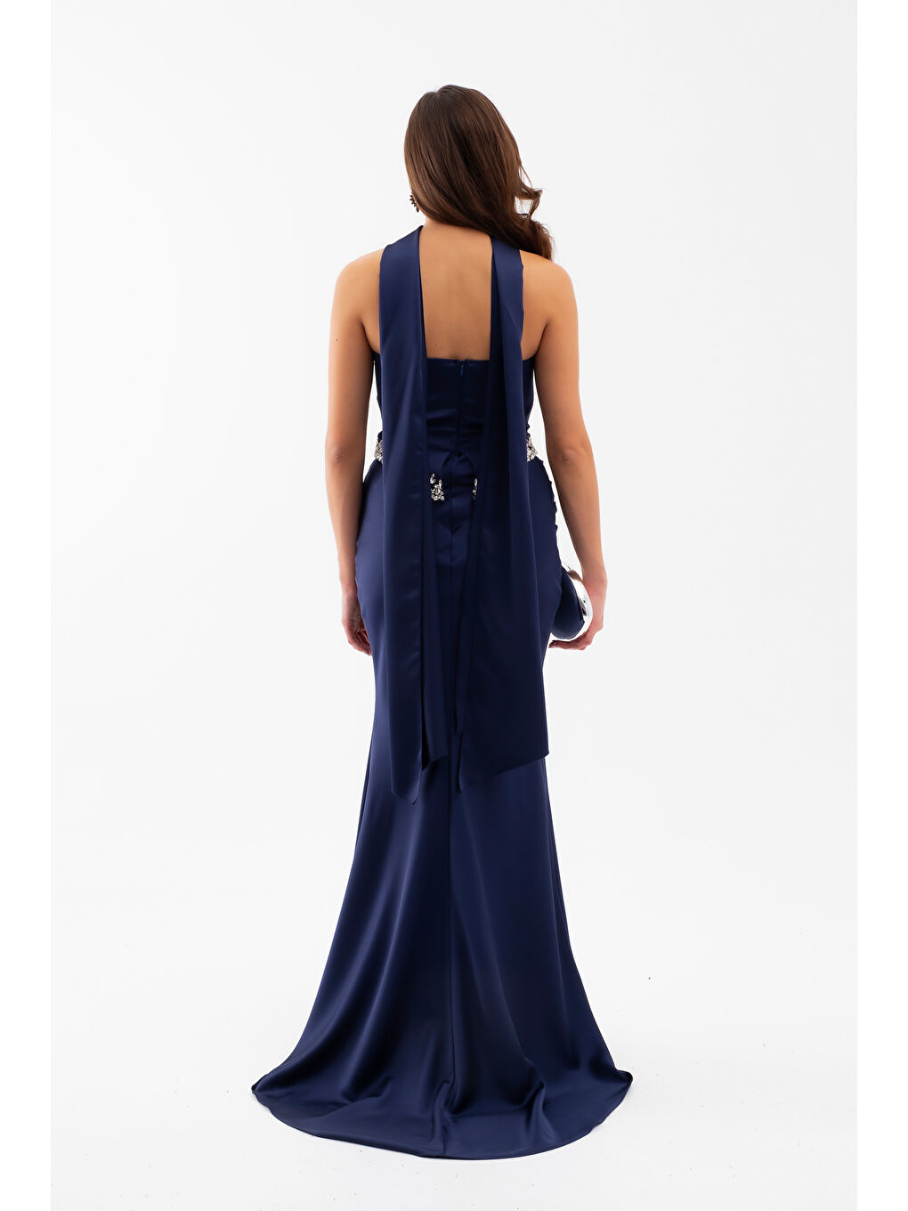 Kadın Lacivert Straplez Taşlı Uzun Saten Abiye Elbise-5