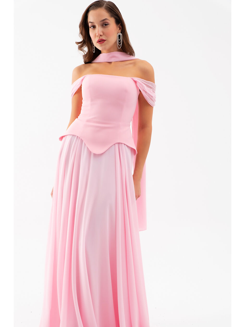 Pembe Kadın Pudra Şal Yaka Straplez Söz Nişan Abiye Elbise-2