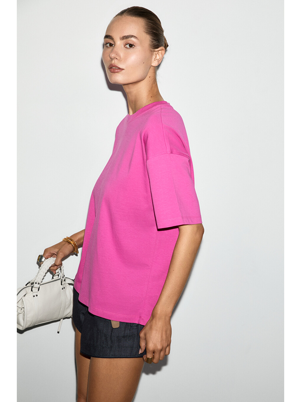 Fuşya LAGERTHA Kadın %100 organik Pamuklu Kalın Dokulu Oversize Fit Yuvarlak Yakalı FUŞYA T-Shirt-2