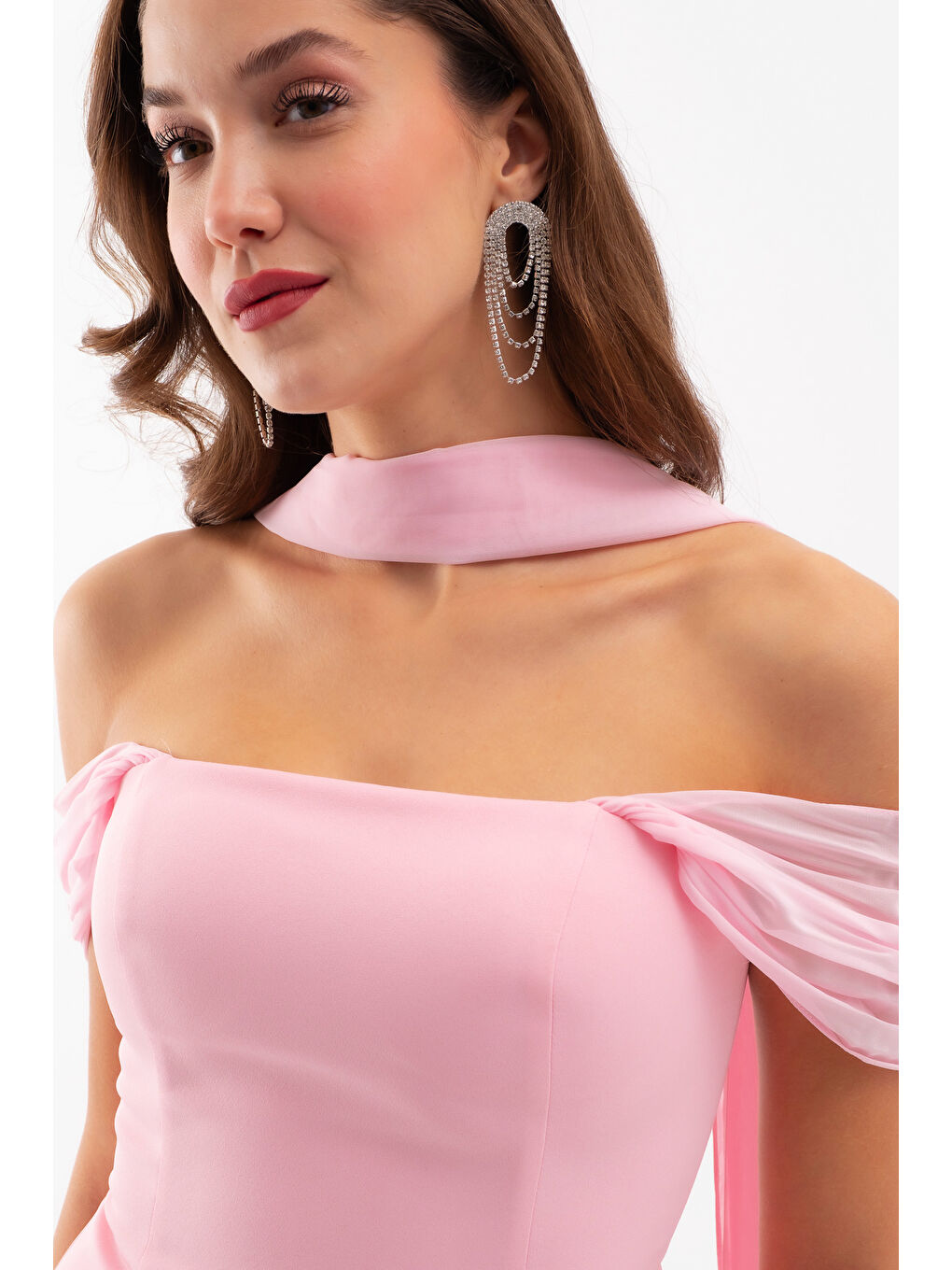 Pembe Kadın Pudra Şal Yaka Straplez Söz Nişan Abiye Elbise-3