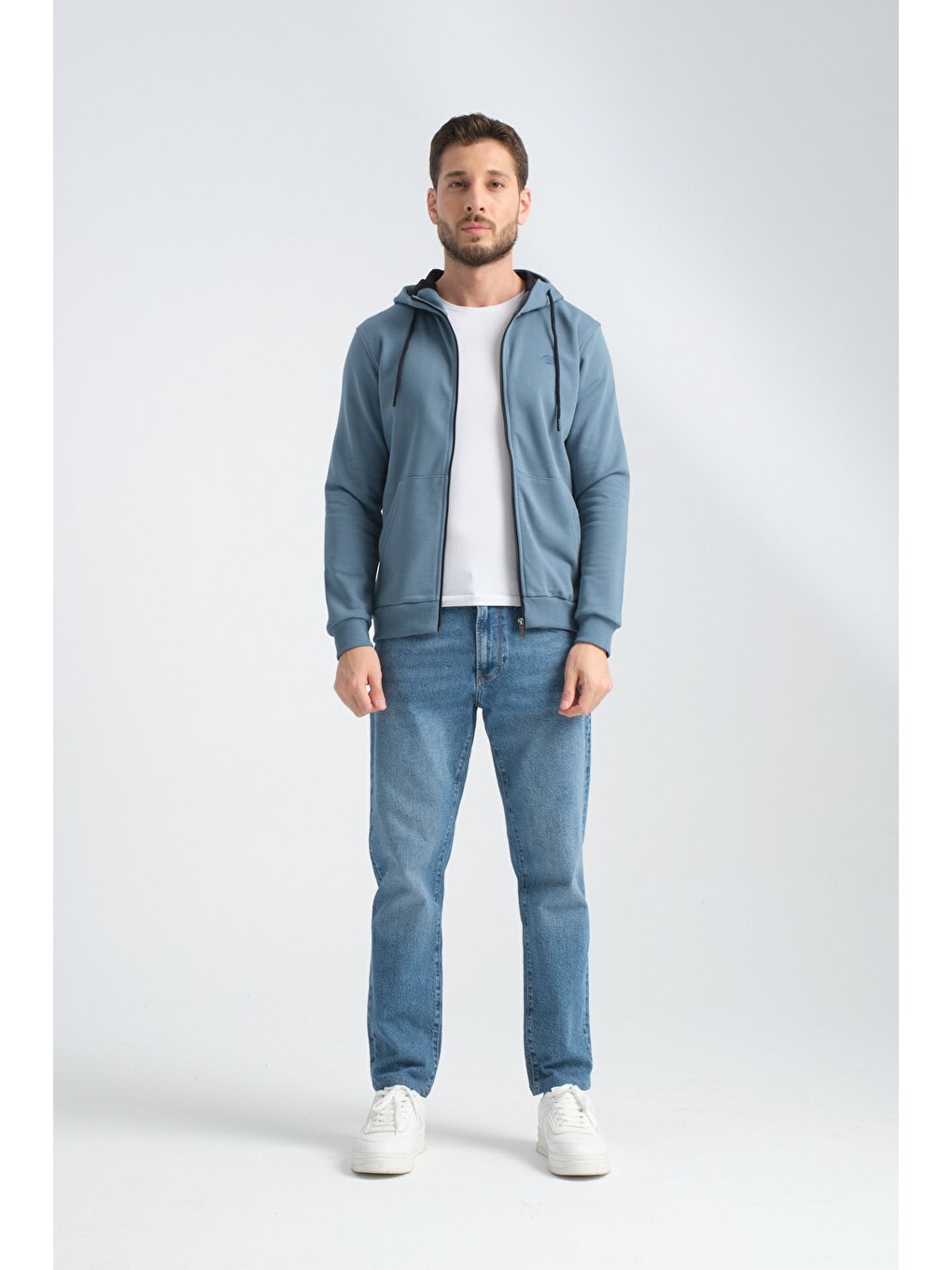 Orman Yeşili Erkek Üç İplik Şardonsuz Fermuarlı Kapüşonlu Sweatshirt-3