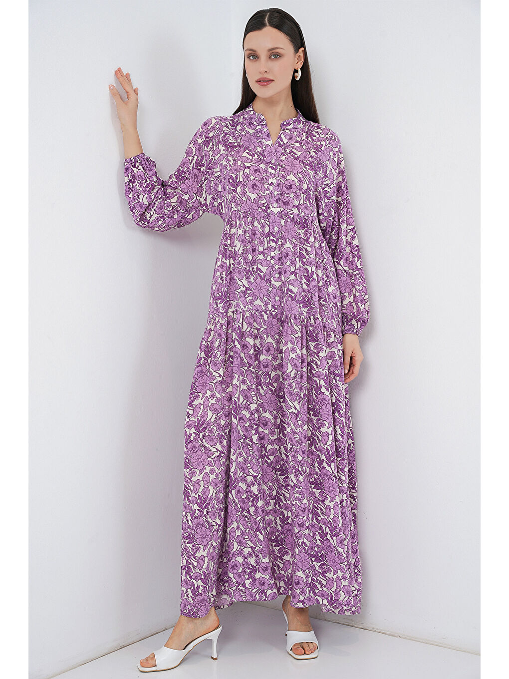 Kadın Desenli Uzun Tesettür Elbise 2585 - Lila