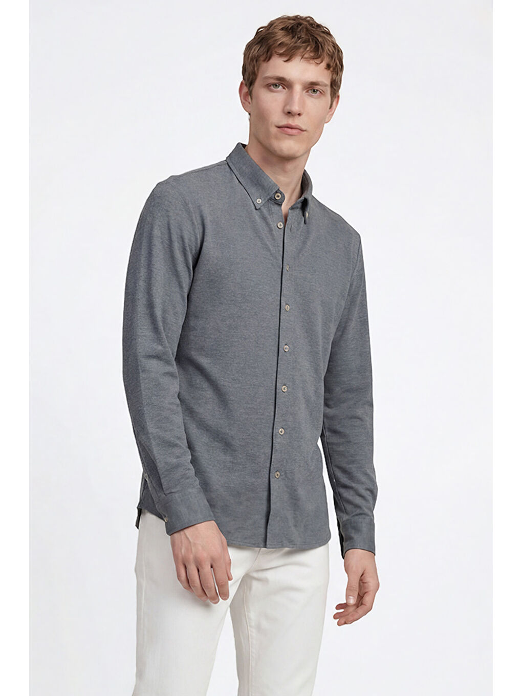 Erkek İndigo Pamuklu Tailored Slim Fit Dar Kesim Düğmeli Yaka Örme Gömlek-3
