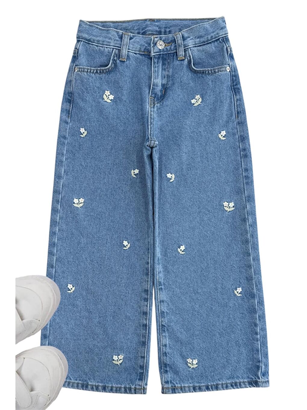 Kız Çocuk Açik Mavi Çiçek Nakışlı Jean Pantolon