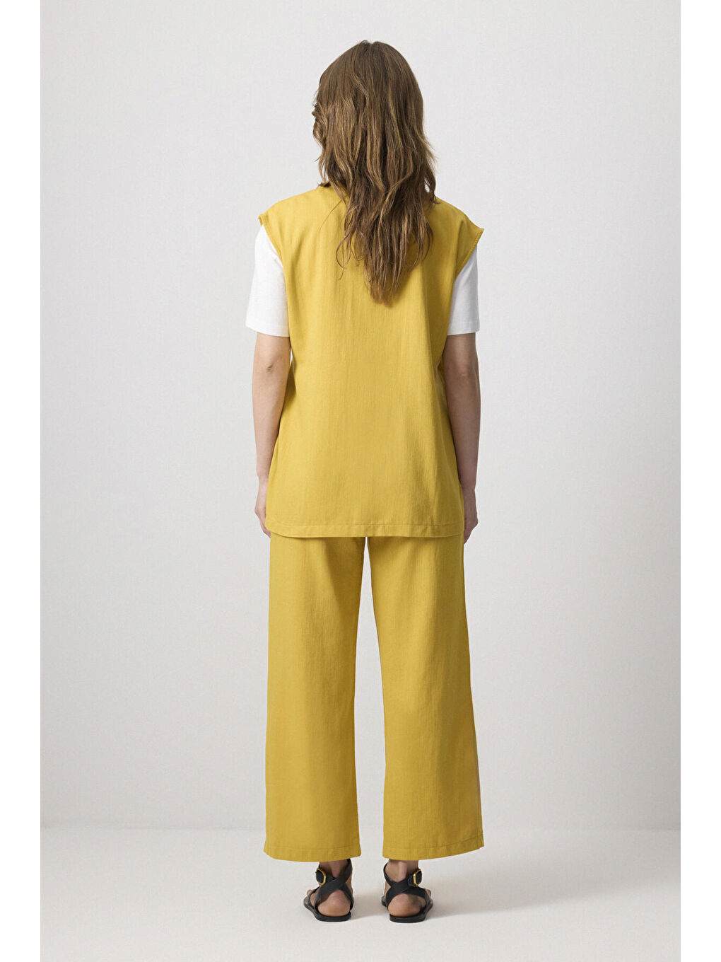 Sarı Doğal Dokulu Kruvaze Yelek Pantolon Takım-3