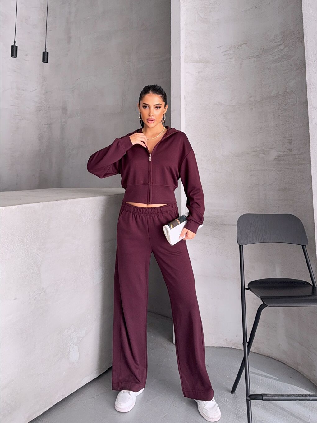 Modal Kumaş Crop Üst Eşofman Takım Bordo-4