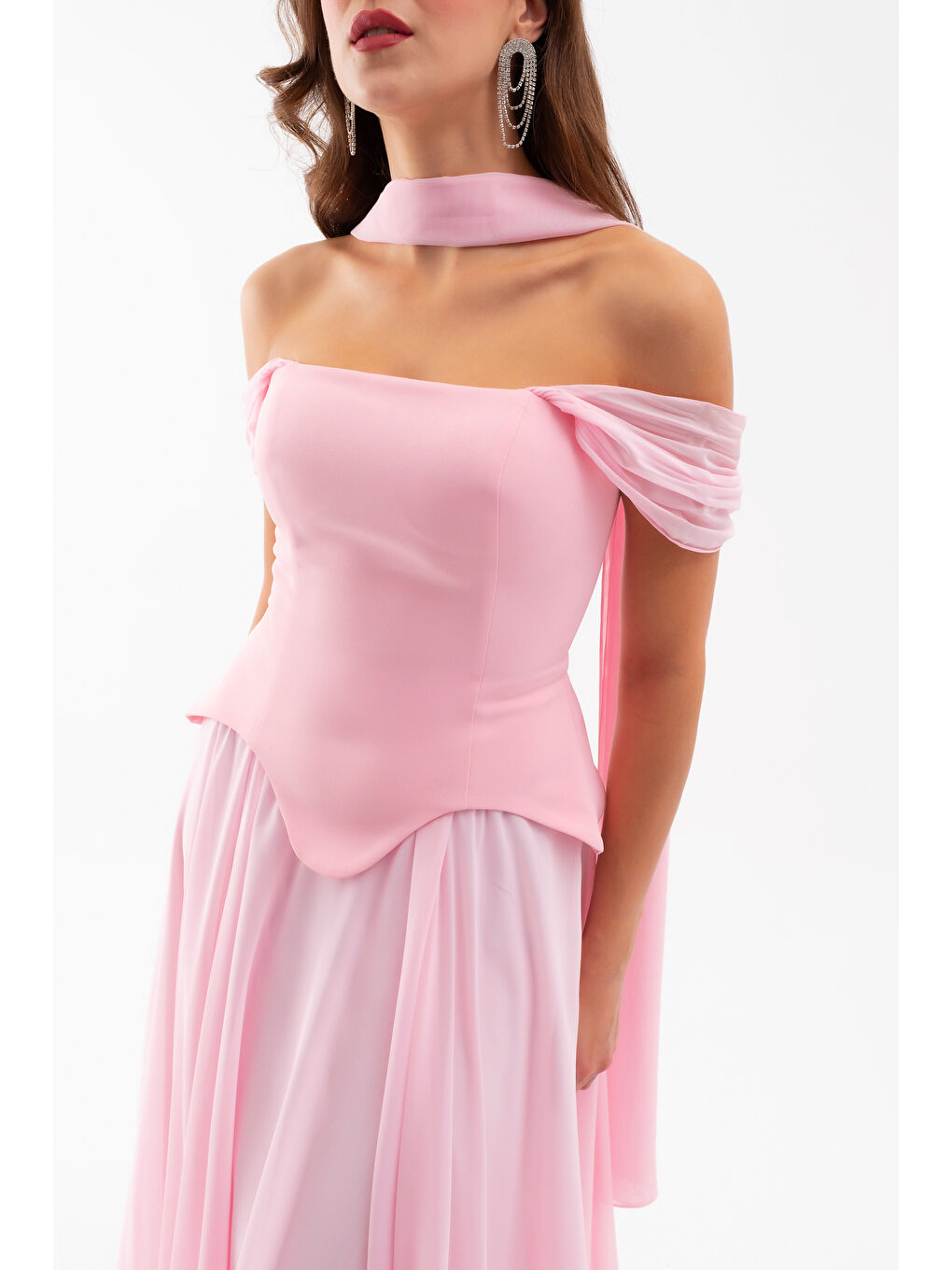 Pembe Kadın Pudra Şal Yaka Straplez Söz Nişan Abiye Elbise-4