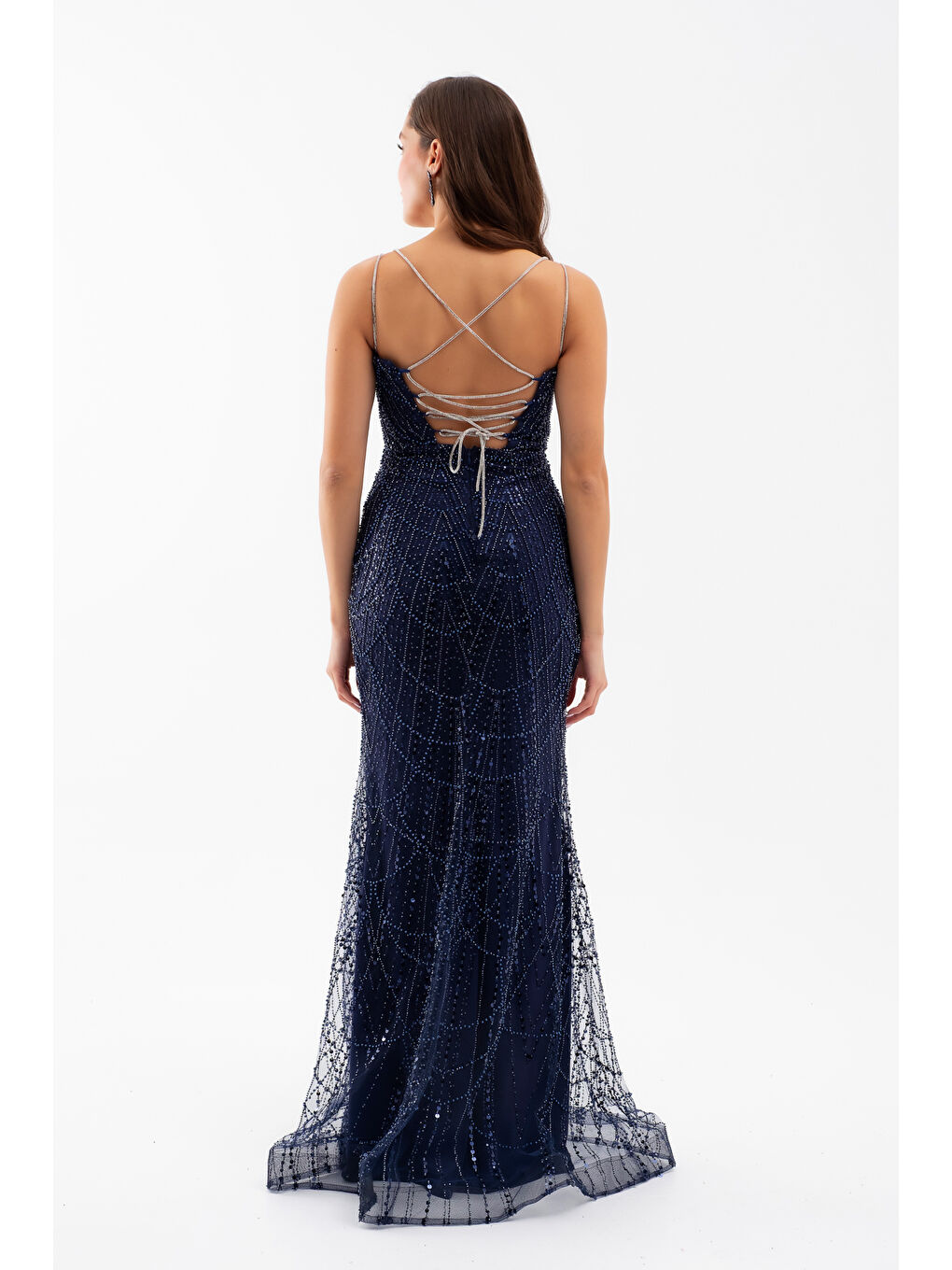 Kadın Lacivert Askılı Boncuklu Uzun Balık Abiye Elbise-5