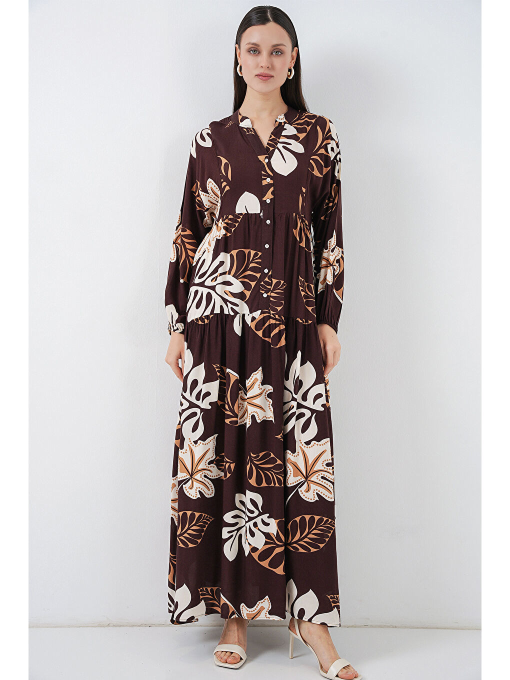 Kadın Desenli Uzun Tesettür Elbise 2585 - T. Kahverengi-2