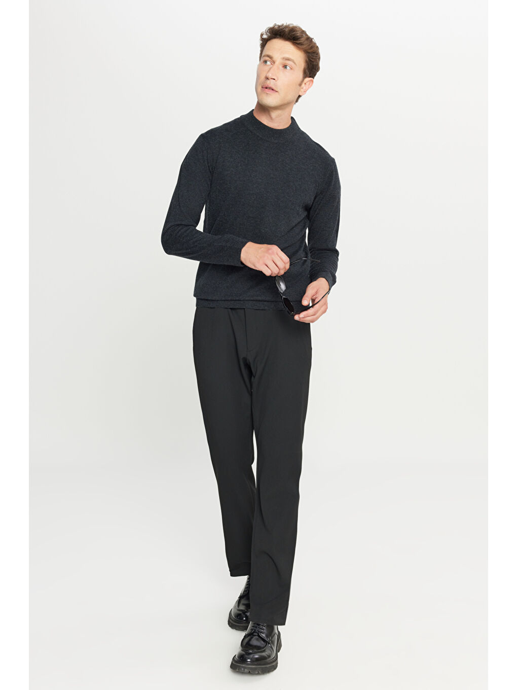 Erkek Antrasit-Melanj Yünlü Standart Fit Normal Kesim Bisiklet Yaka Triko Kazak-1