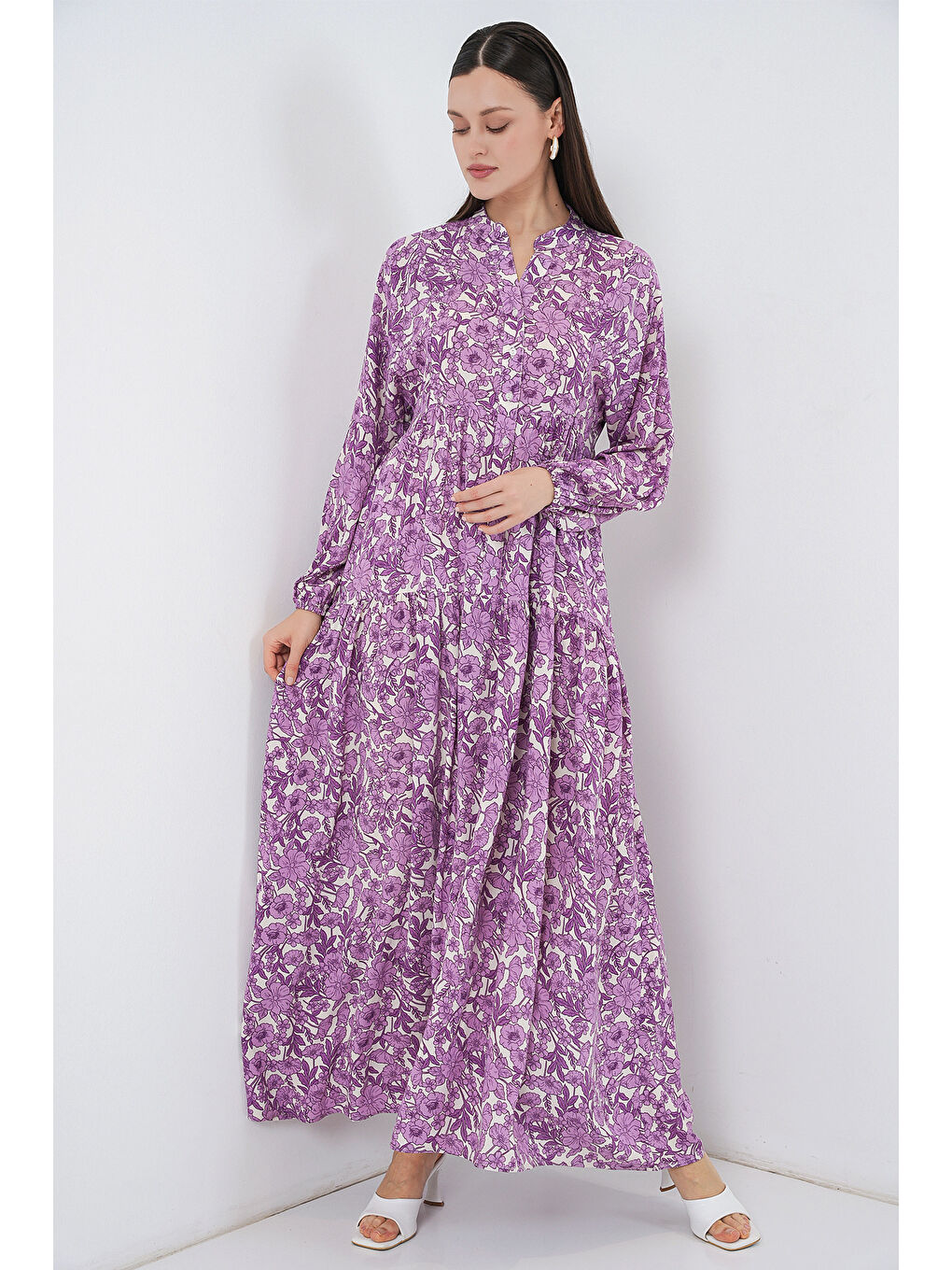 Kadın Desenli Uzun Tesettür Elbise 2585 - Lila-1