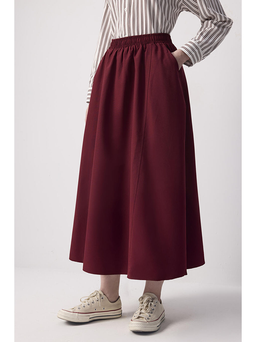 Bordo Beli Büzgülü Dokuma Etek-1
