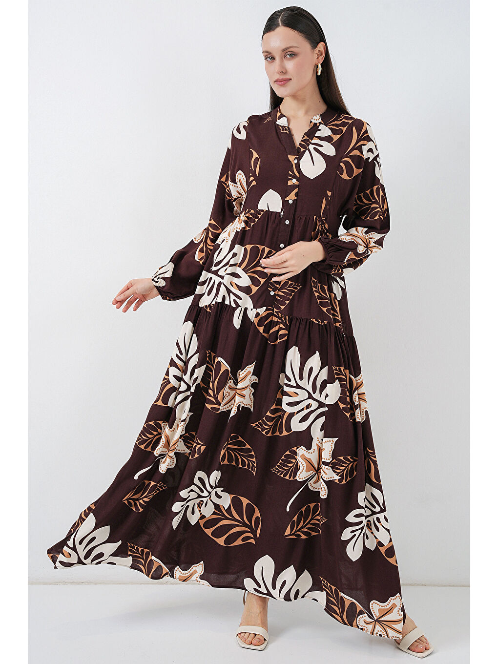 Kadın Desenli Uzun Tesettür Elbise 2585 - T. Kahverengi-4