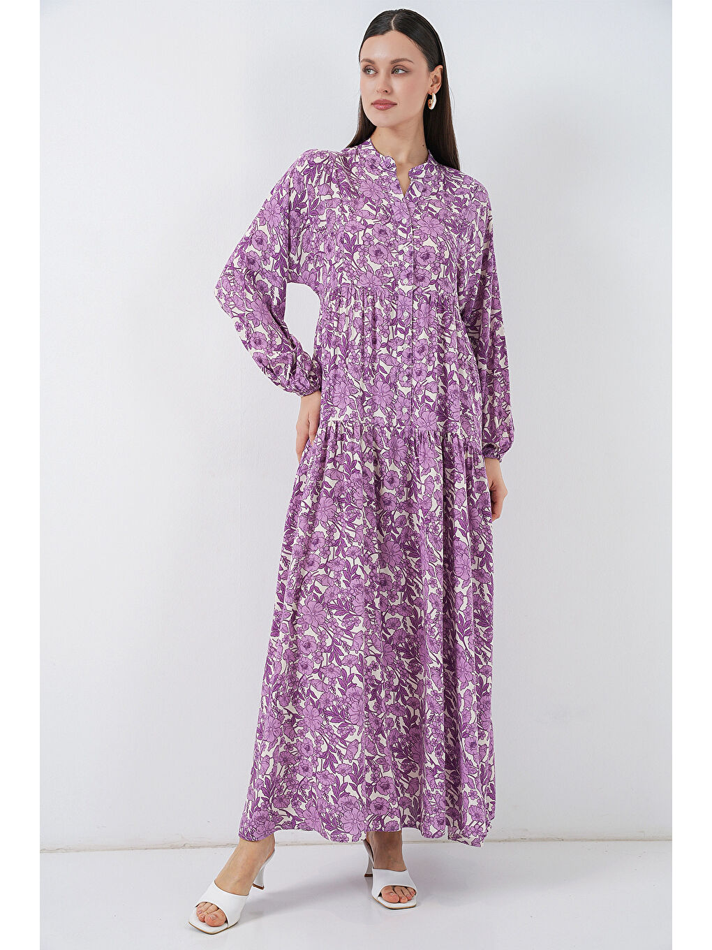 Kadın Desenli Uzun Tesettür Elbise 2585 - Lila-2