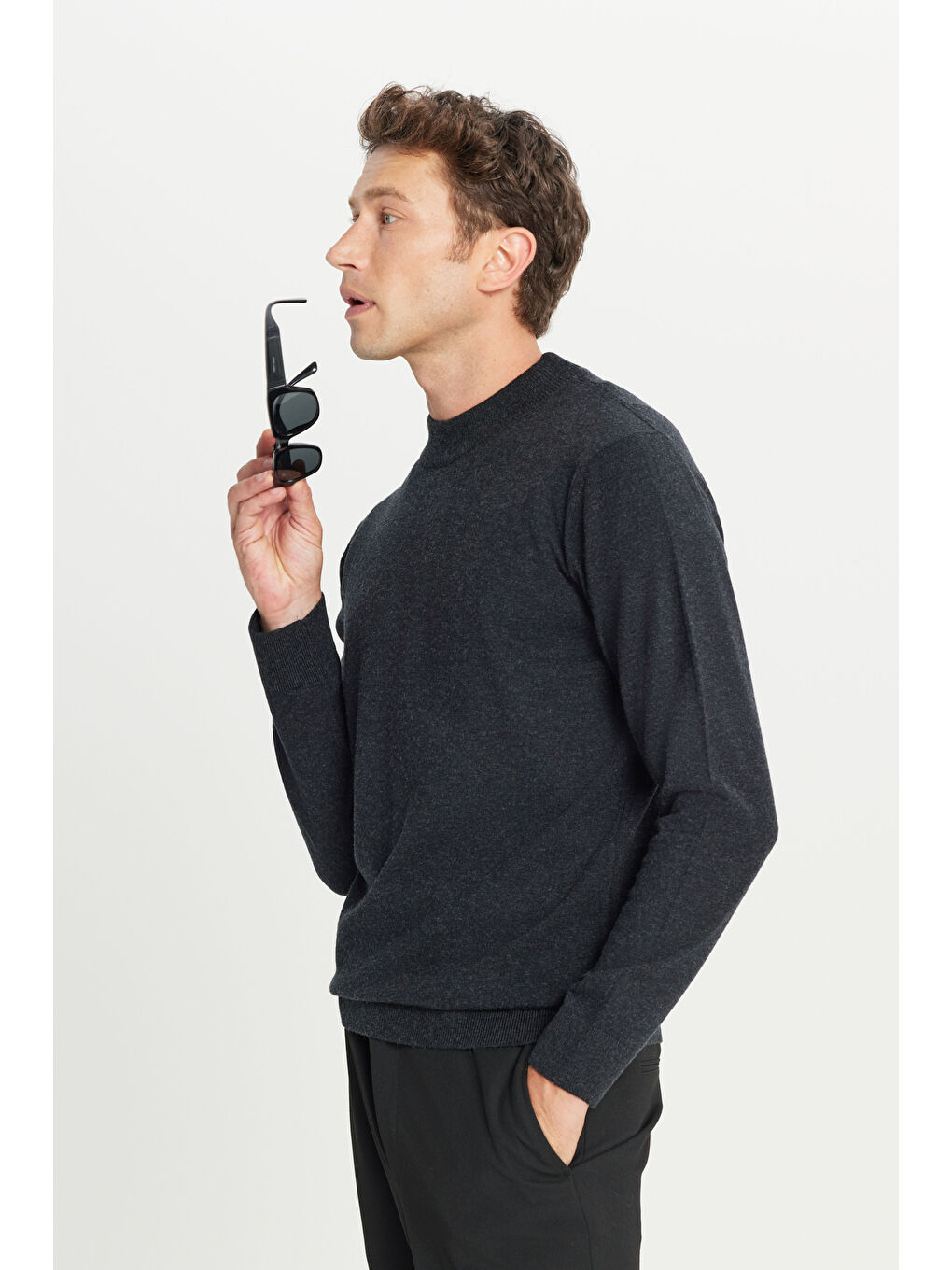 Erkek Antrasit-Melanj Yünlü Standart Fit Normal Kesim Bisiklet Yaka Triko Kazak-2