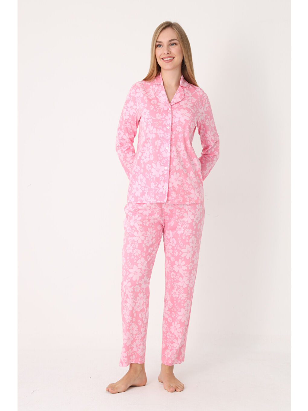 Pembe Flower Effect Önden Düğmeli Pijama Takımı-1