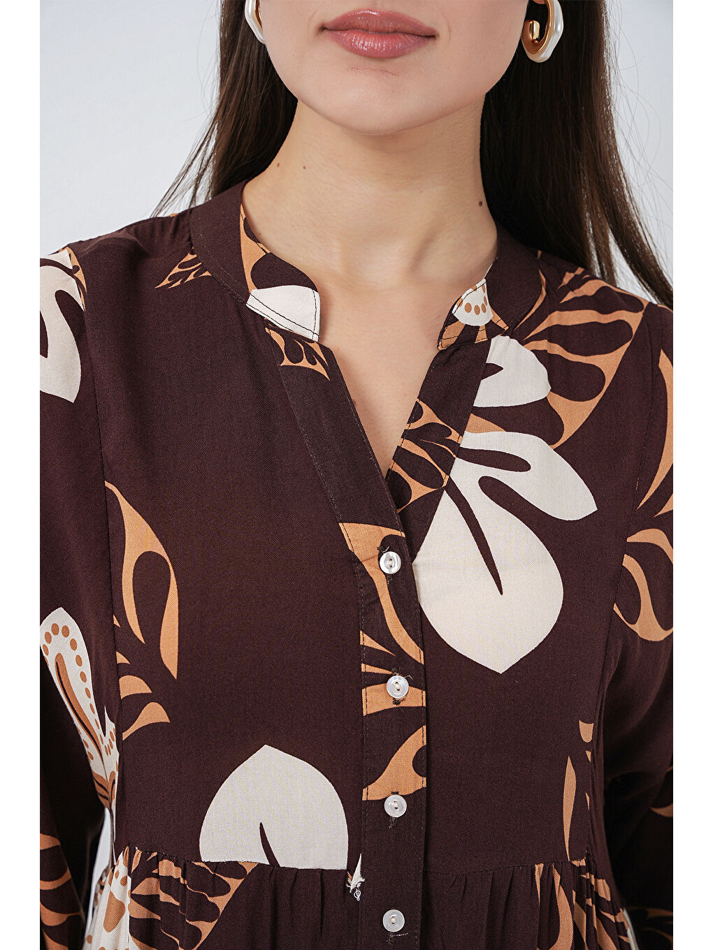 Kadın Desenli Uzun Tesettür Elbise 2585 - T. Kahverengi-5