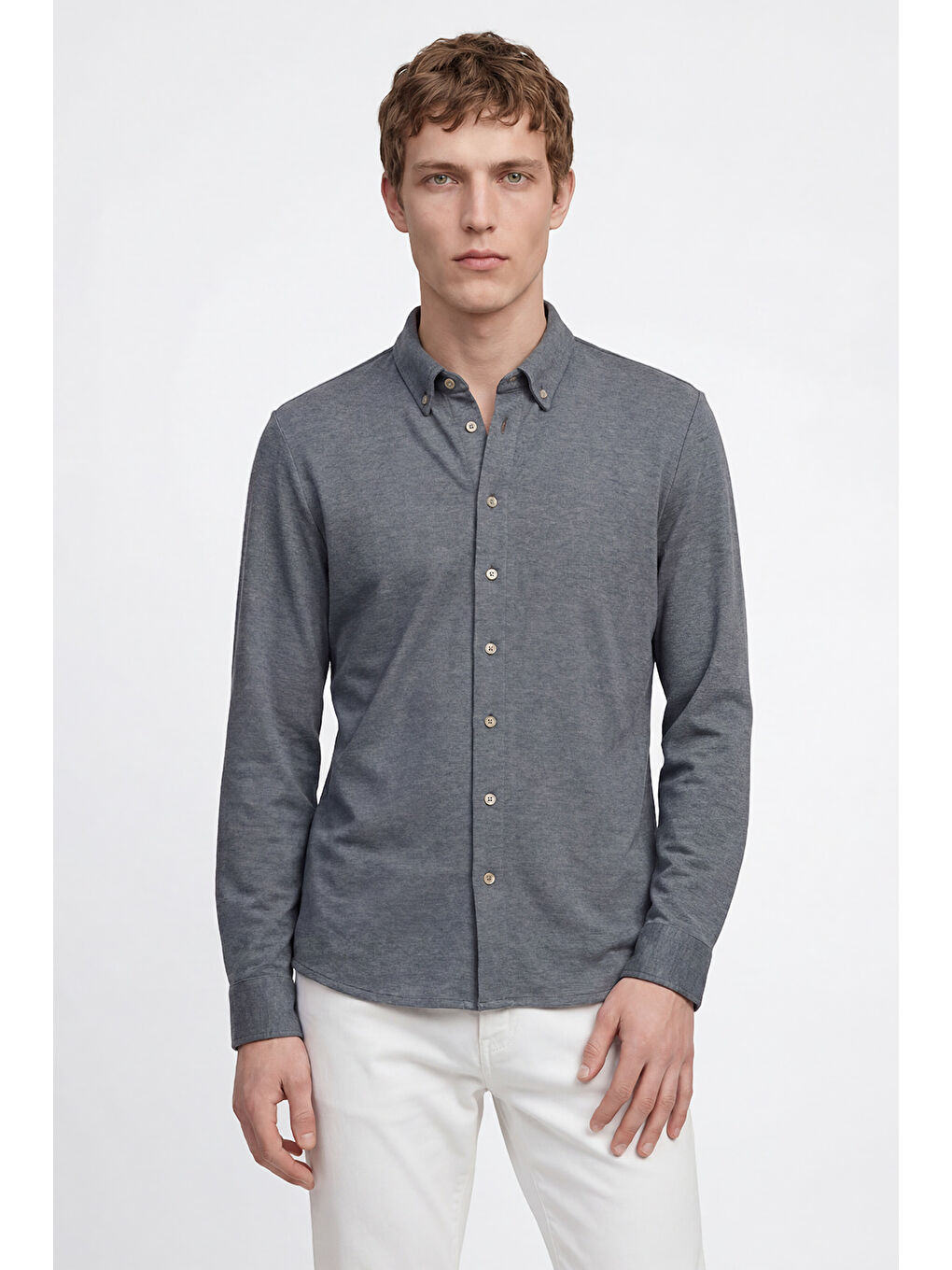 Erkek İndigo Pamuklu Tailored Slim Fit Dar Kesim Düğmeli Yaka Örme Gömlek-4