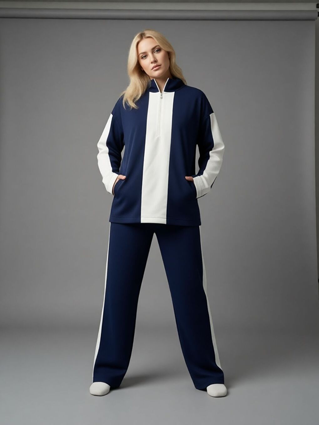 Kadın Lacivert Yarım Fermuarlı Premium Kumaş Eşofman Takımı