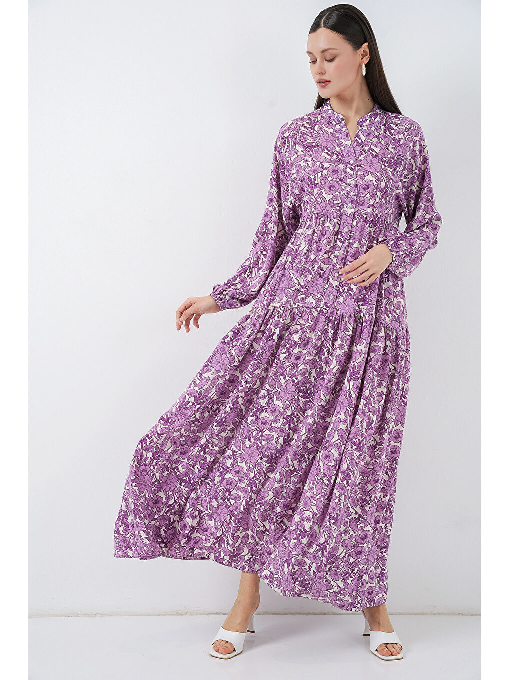 Kadın Desenli Uzun Tesettür Elbise 2585 - Lila-3