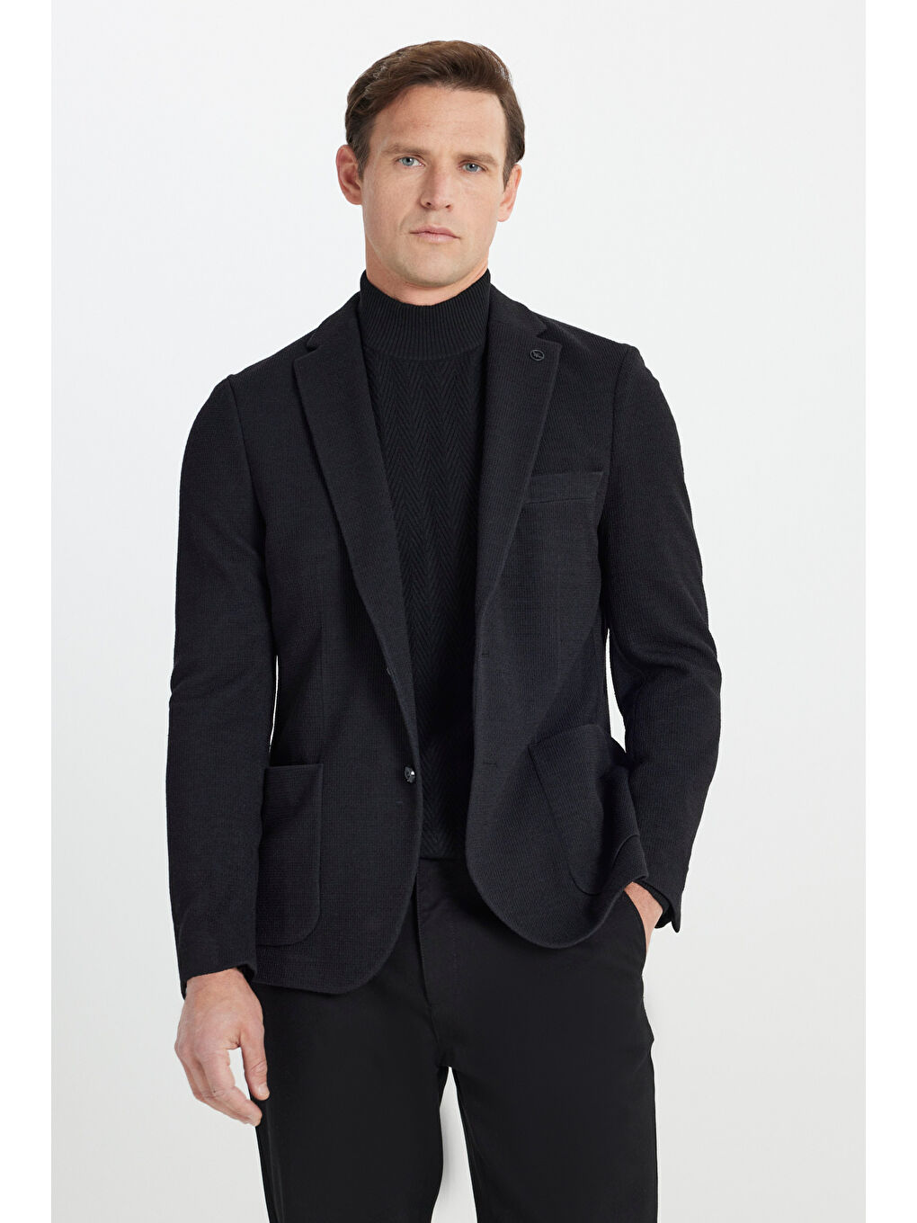Erkek Siyah Slim Fit Dar Kesim Mono Yaka Torba Cepli Yünlü Esnek Blazer Ceket