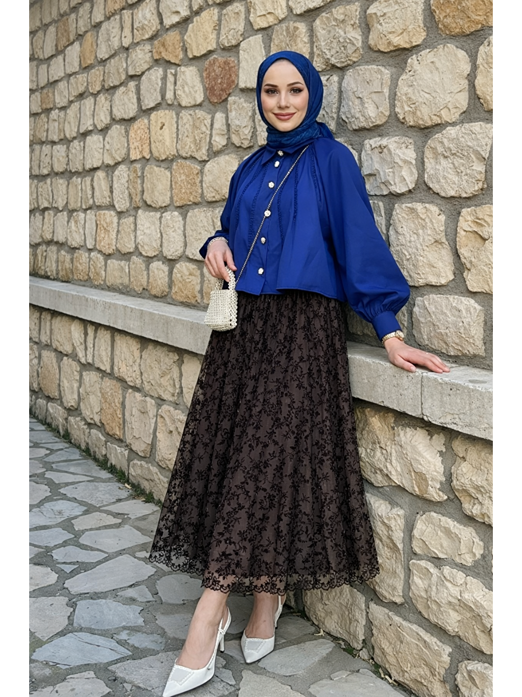 Kahverengi Kadın Premium Comfort Desenli Kahve Uzun Tül Tesettür Etek-1