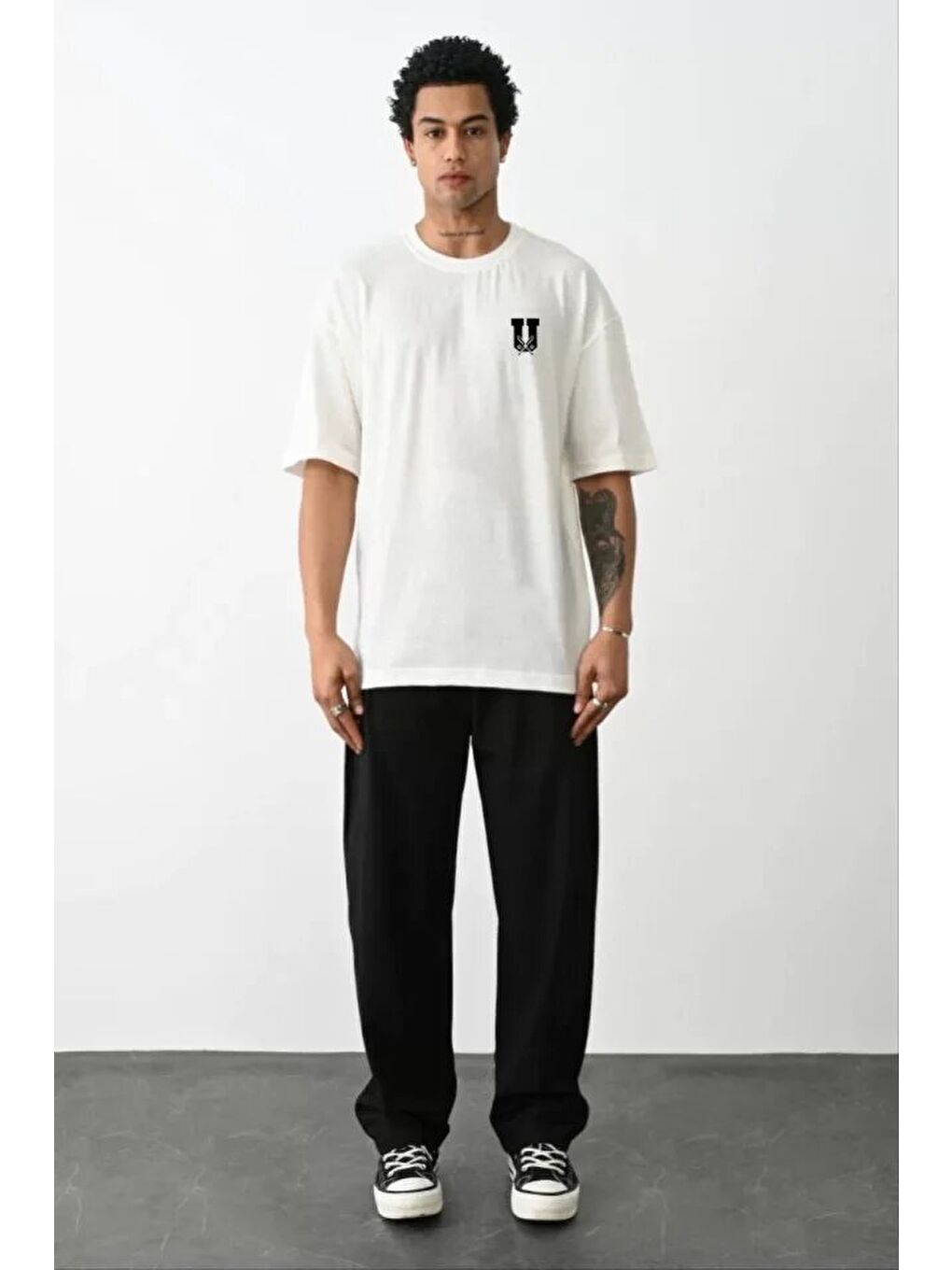 Unisex Bisiklet Yaka Baskılı Oversize T-Shirt - Beyaz