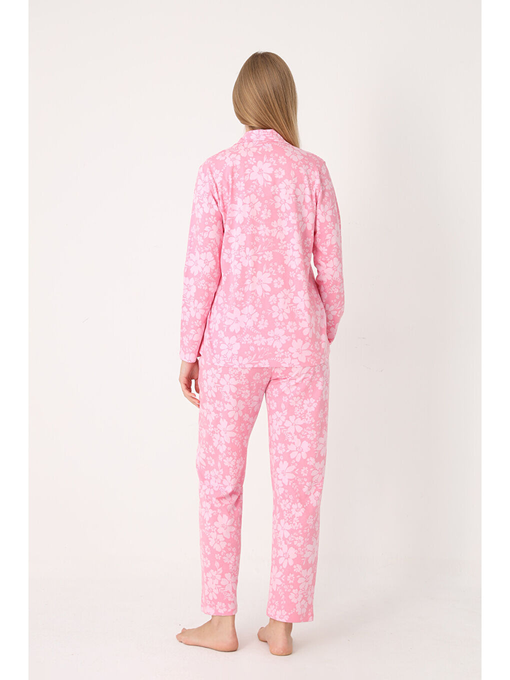 Pembe Flower Effect Önden Düğmeli Pijama Takımı-2
