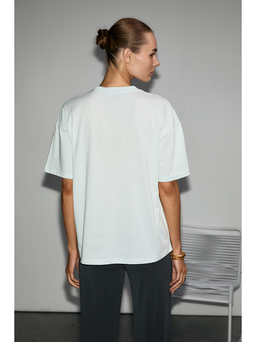 Mavi LAGERTHA Kadın %100 organik Pamuklu Kalın Dokulu Oversize Fit Yuvarlak Yakalı AÇIK MAVİ T-Shirt-4