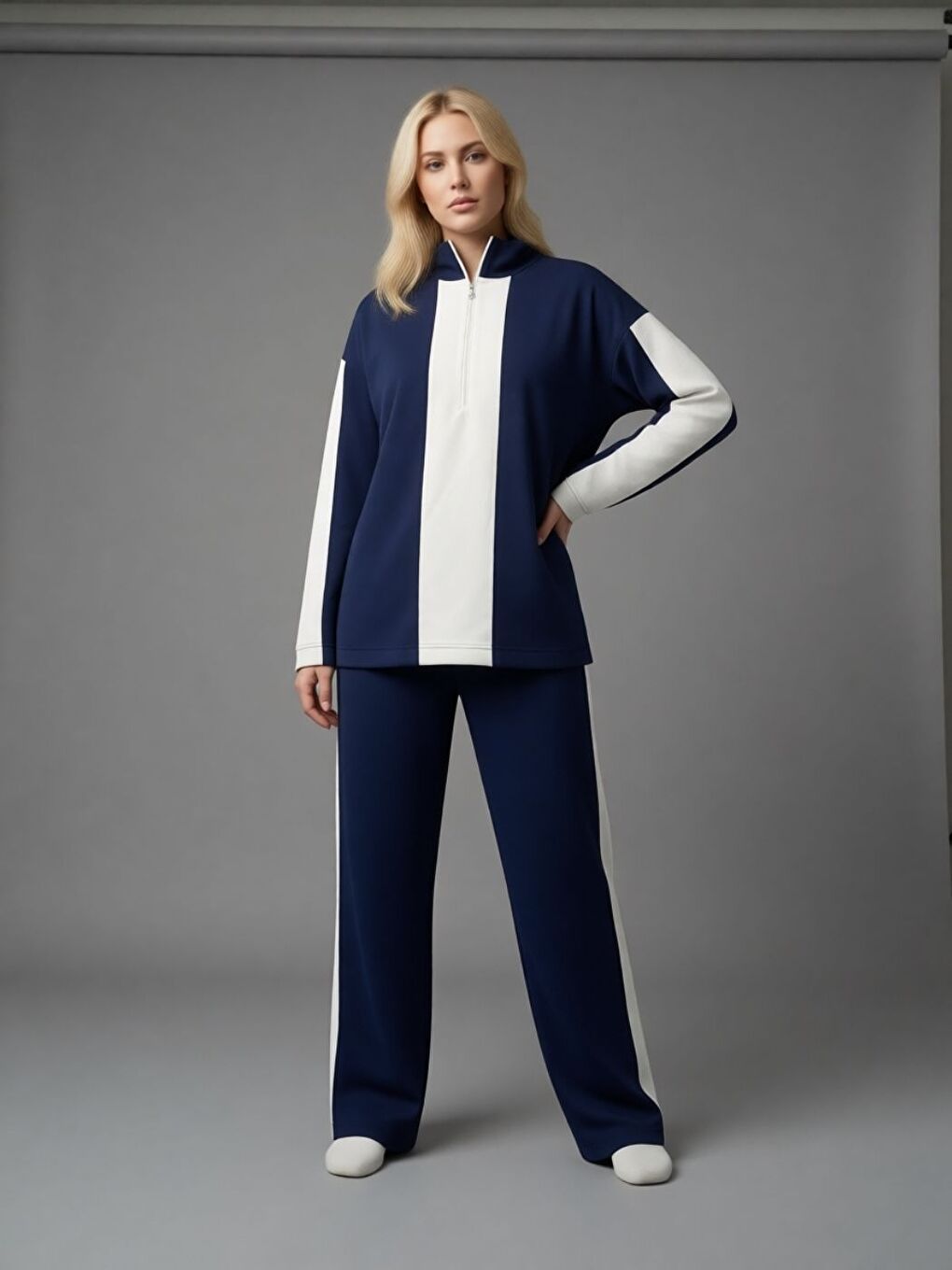 Kadın Lacivert Yarım Fermuarlı Premium Kumaş Eşofman Takımı-1