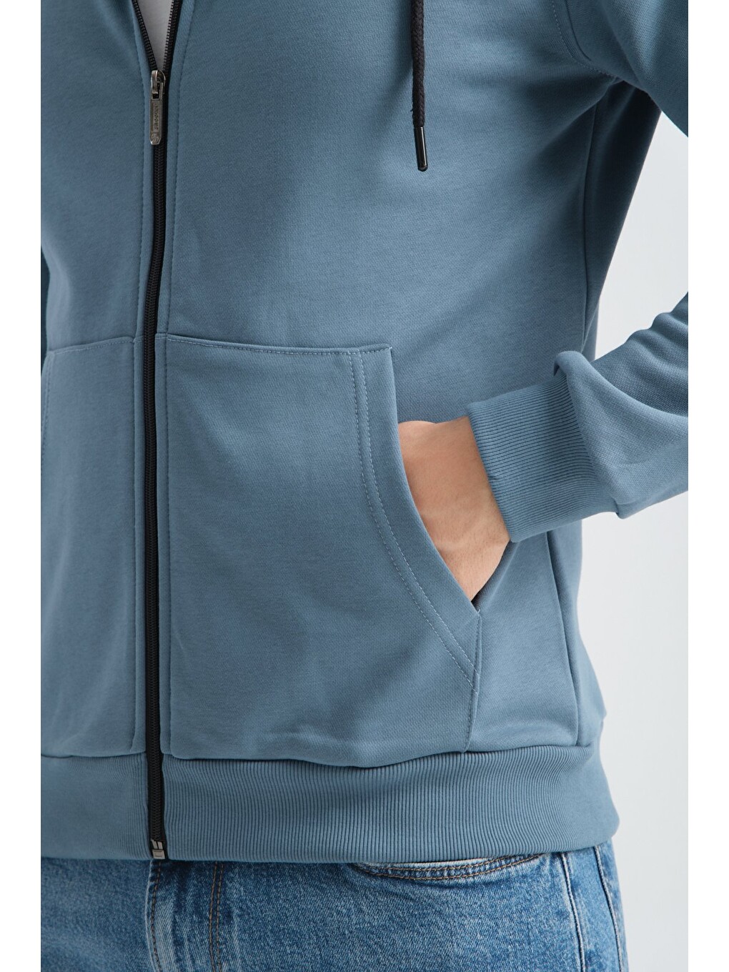 Orman Yeşili Erkek Üç İplik Şardonsuz Fermuarlı Kapüşonlu Sweatshirt-5