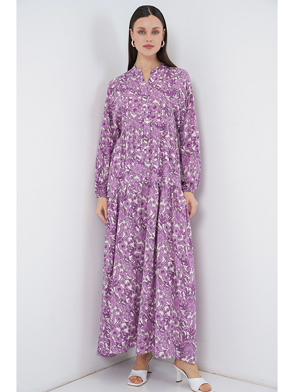Kadın Desenli Uzun Tesettür Elbise 2585 - Lila-4