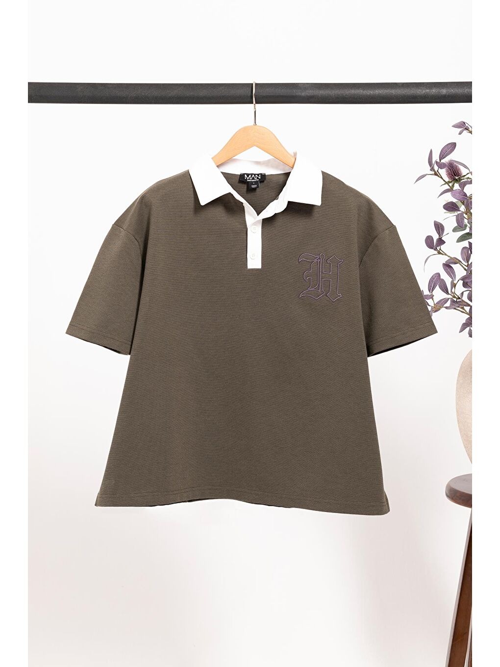 Oversize Polo Yaka Sprey Wash T-Shirt – Haki | Boxy Fit Erkek Tişört