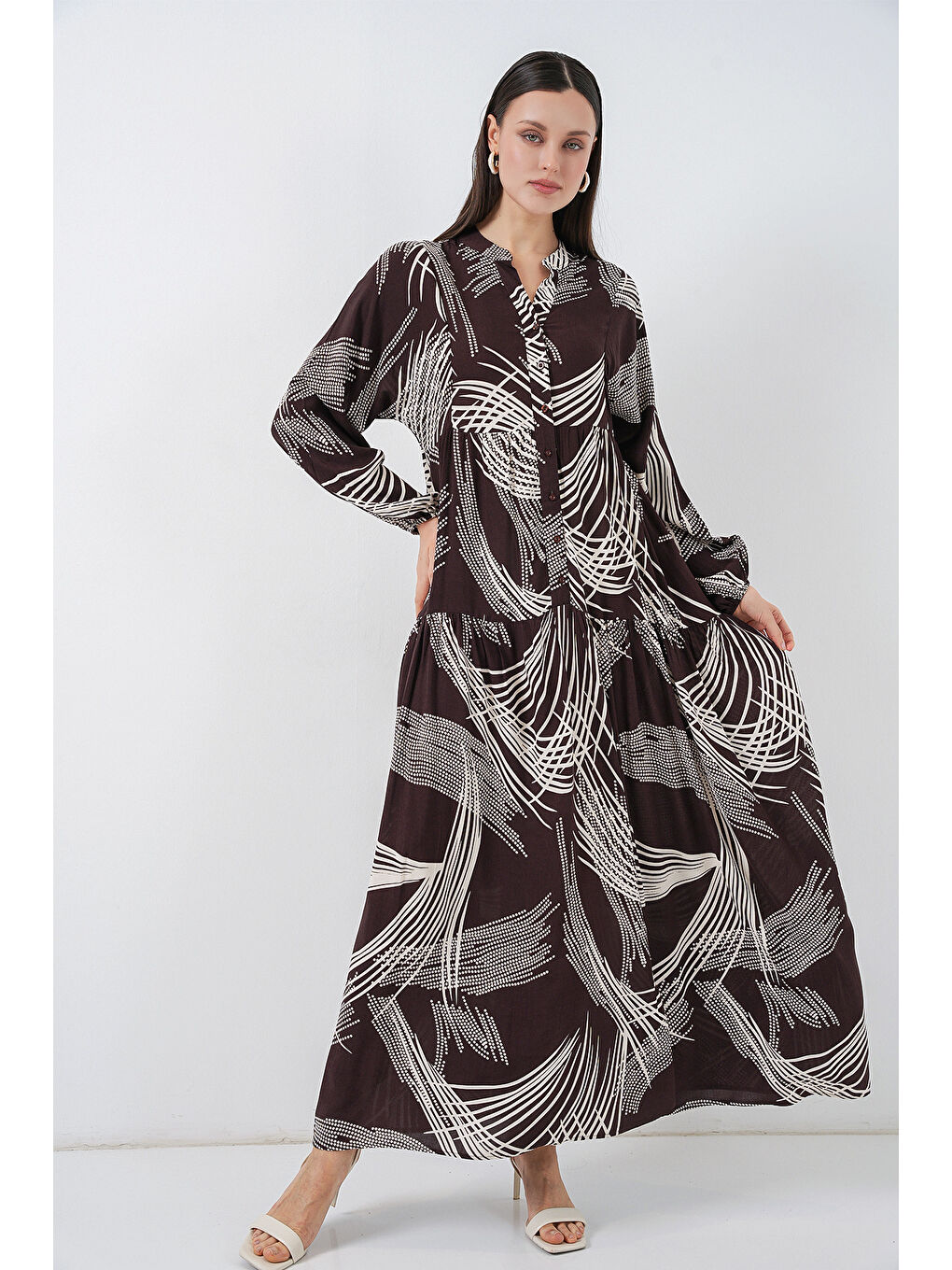 Kadın Desenli Uzun Tesettür Elbise 2585 - B.Kahverengi-3