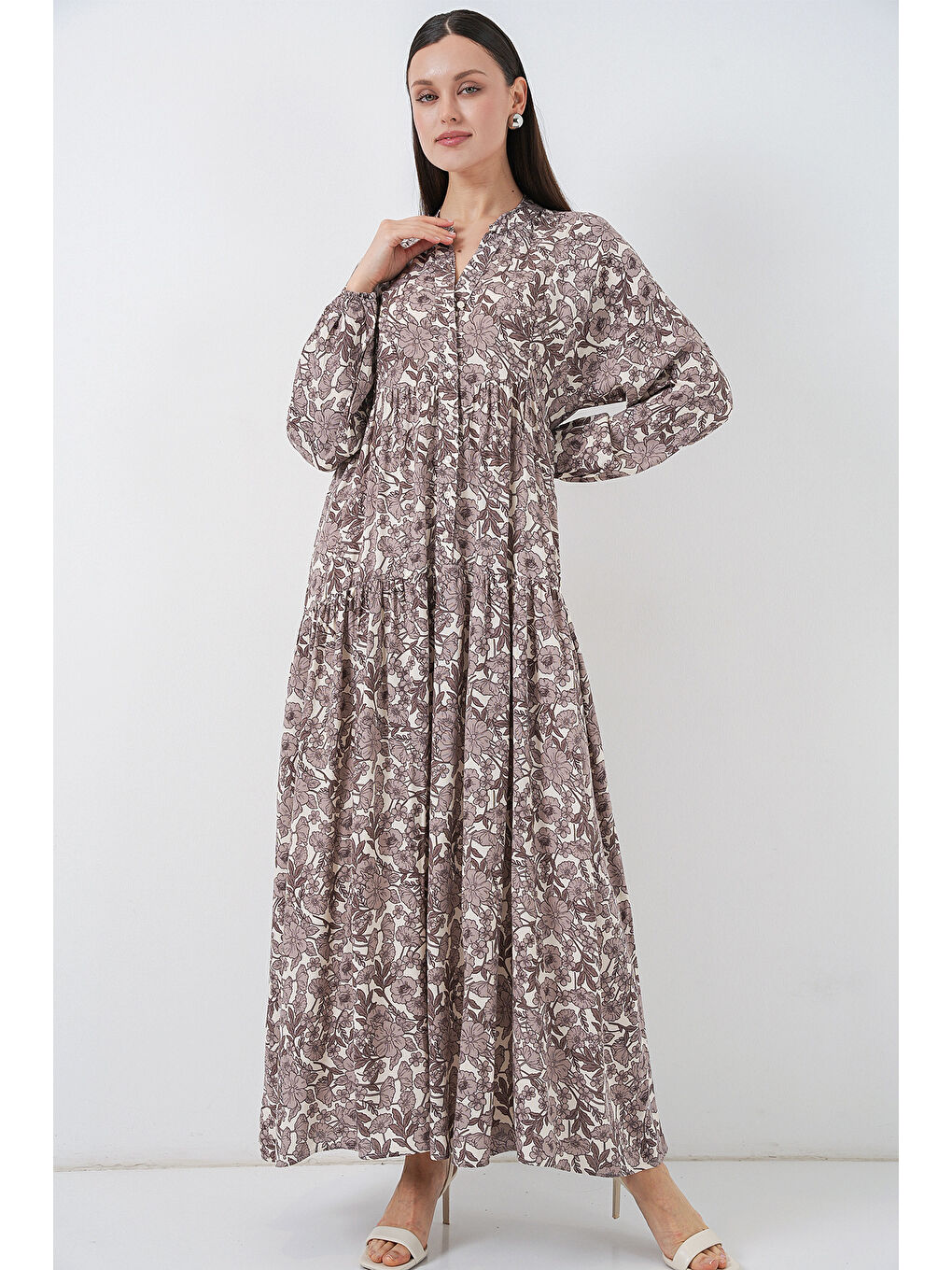 Kahverengi Kadın Desenli Uzun Tesettür Elbise 2585 - E. Kahve