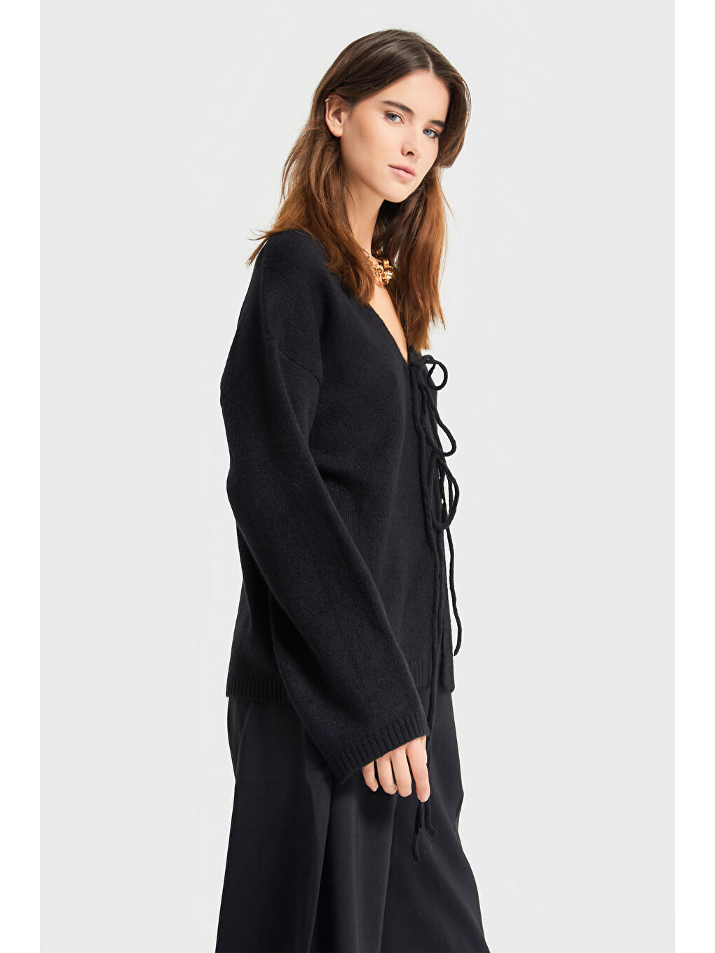 Kadın Siyah Renk w5-1 Önü Bağcıklı Oversize Triko Kazak-2