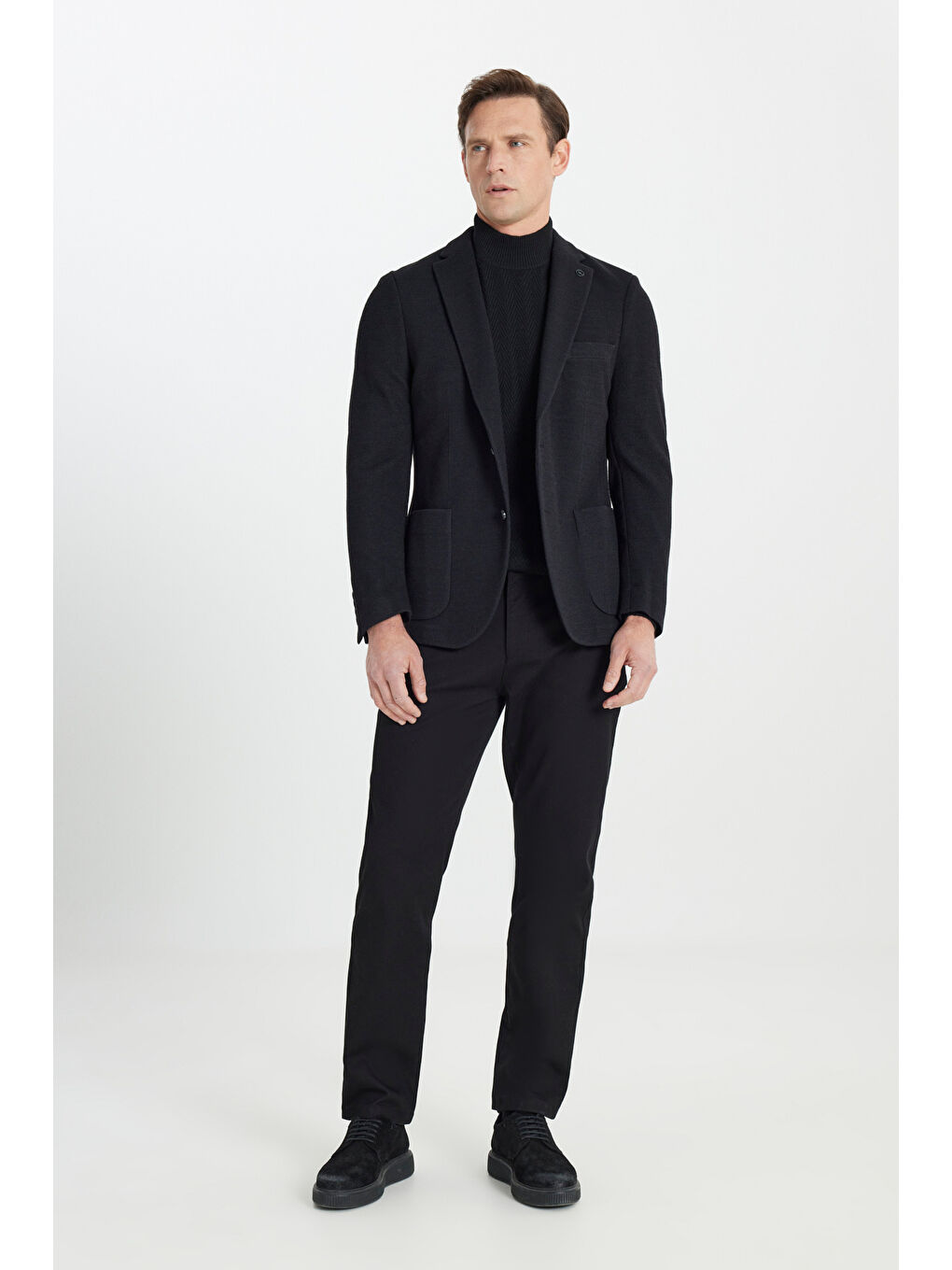 Erkek Siyah Slim Fit Dar Kesim Mono Yaka Torba Cepli Yünlü Esnek Blazer Ceket-1