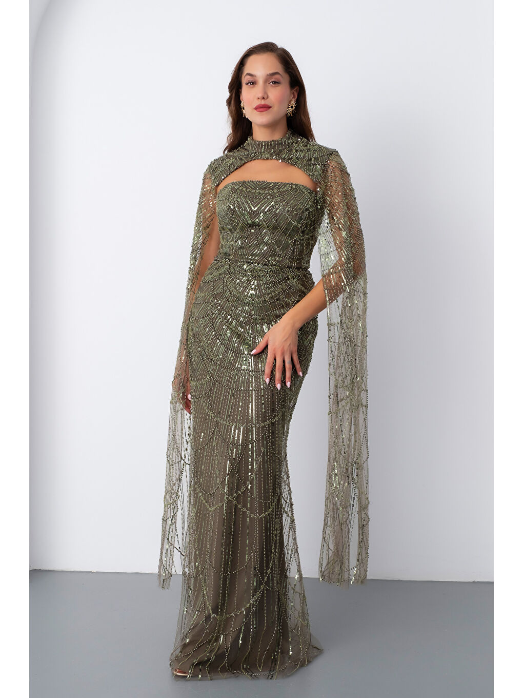 Kadın Haki Şallı Uzun Kol Dik Yaka Boncuklu Abiye-1