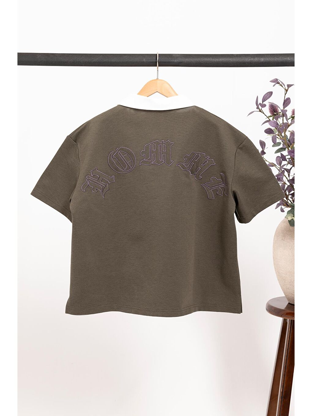 Oversize Polo Yaka Sprey Wash T-Shirt – Haki | Boxy Fit Erkek Tişört-1