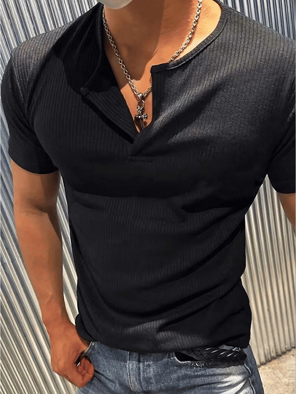 Siyah San Loe Erkek Slim Fit Elastanlı Henley Yaka   Tişört - Düğmeli Esnek Kumaş