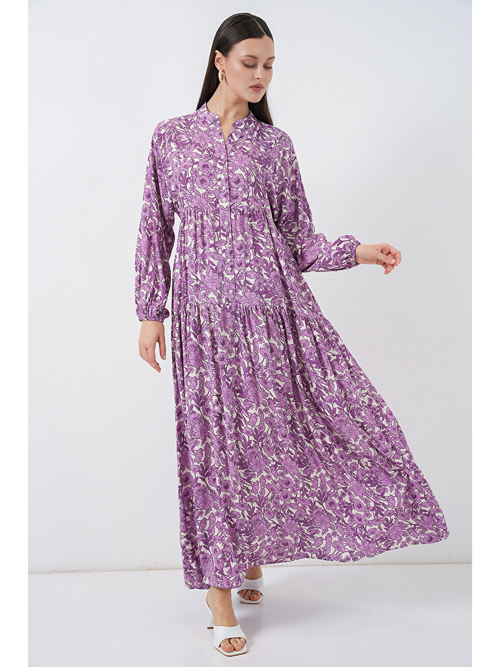 Kadın Desenli Uzun Tesettür Elbise 2585 - Lila-5