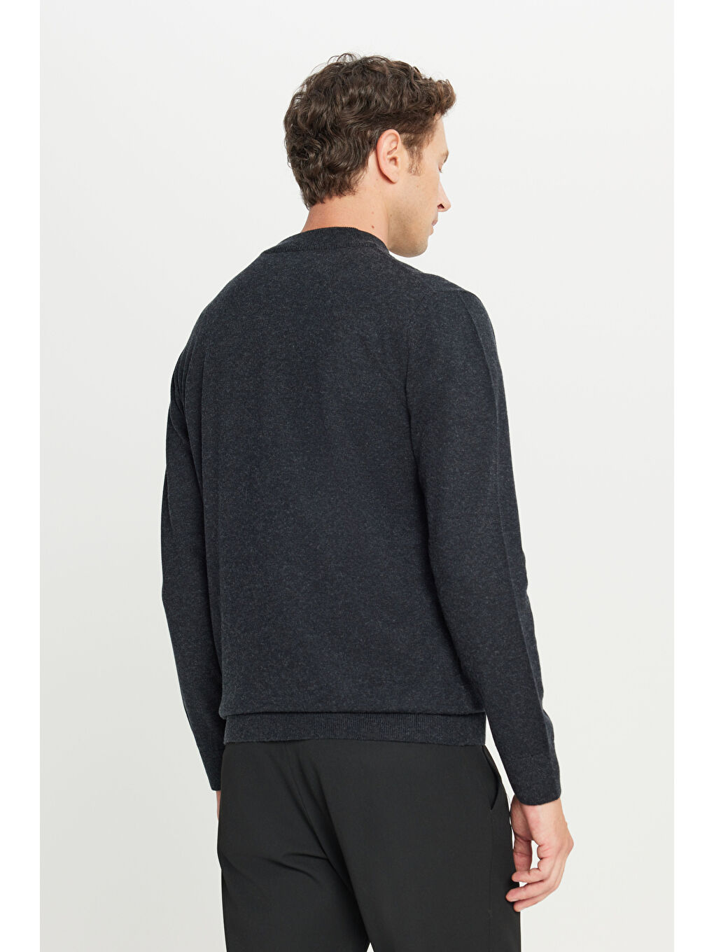 Erkek Antrasit-Melanj Yünlü Standart Fit Normal Kesim Bisiklet Yaka Triko Kazak-4