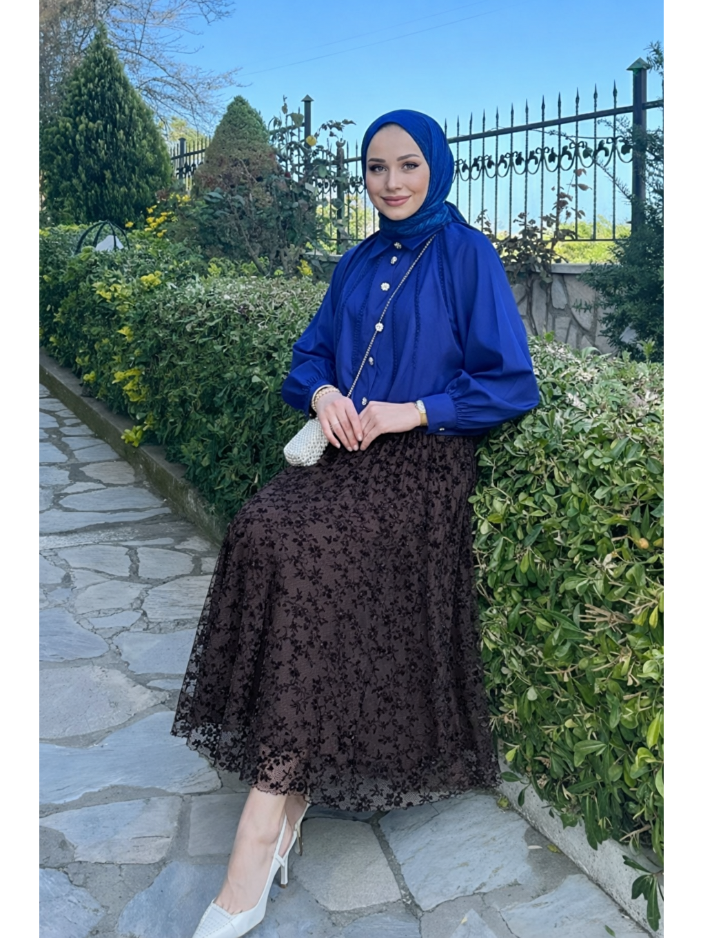 Kahverengi Kadın Premium Comfort Desenli Kahve Uzun Tül Tesettür Etek-2